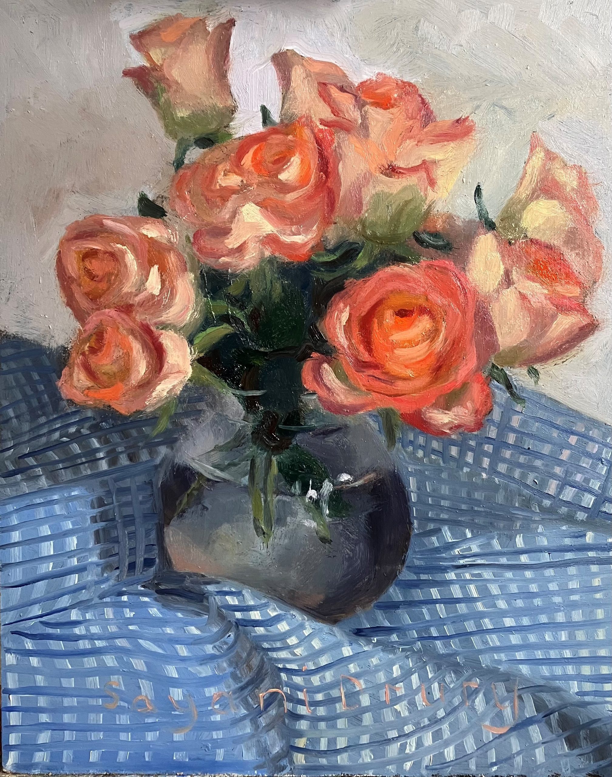 SayaniDrury_Orange roses on blue checkered cotton 2024 1