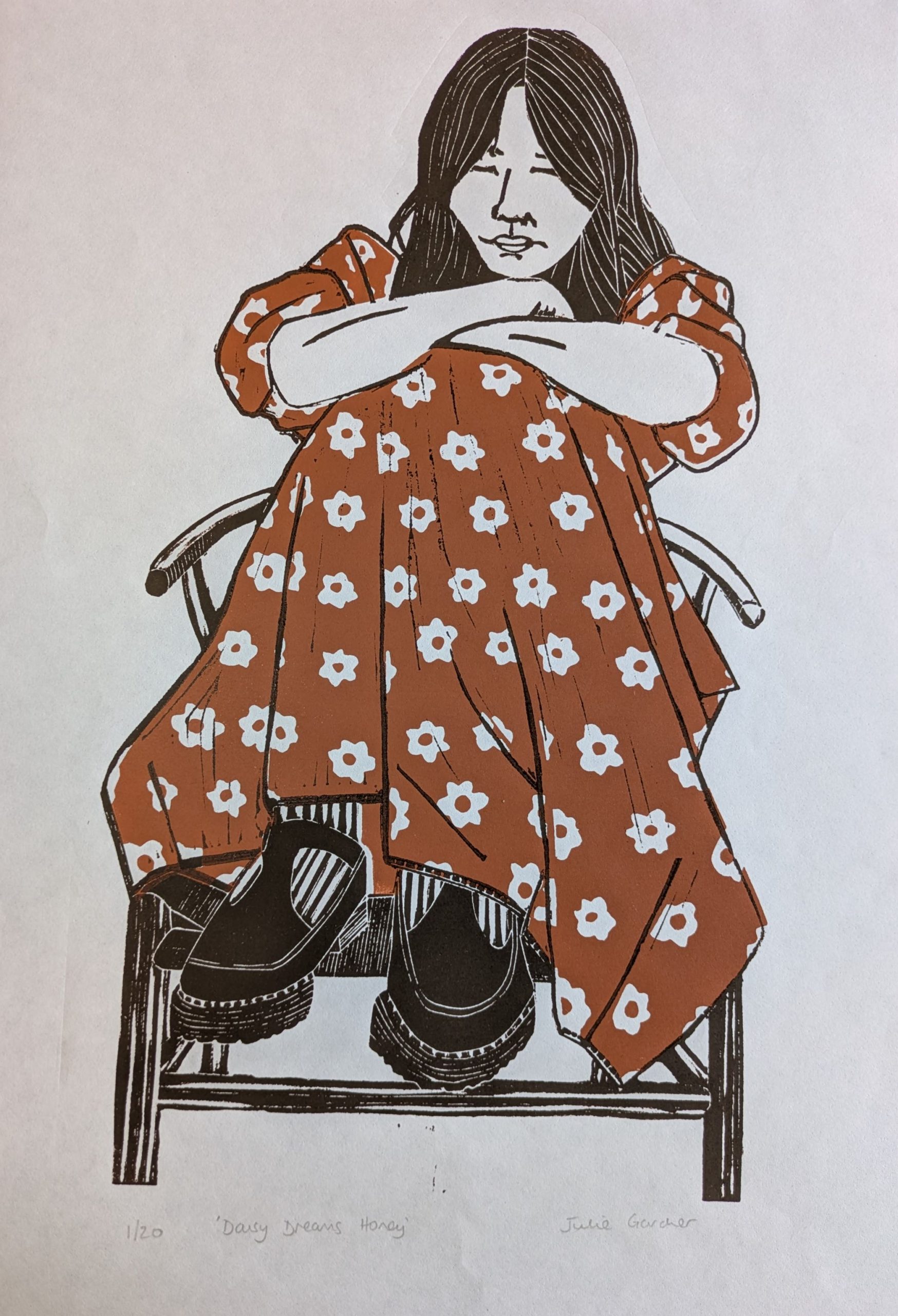 JG-Daisy Dreams Honey Lino Print by Julie Gardner