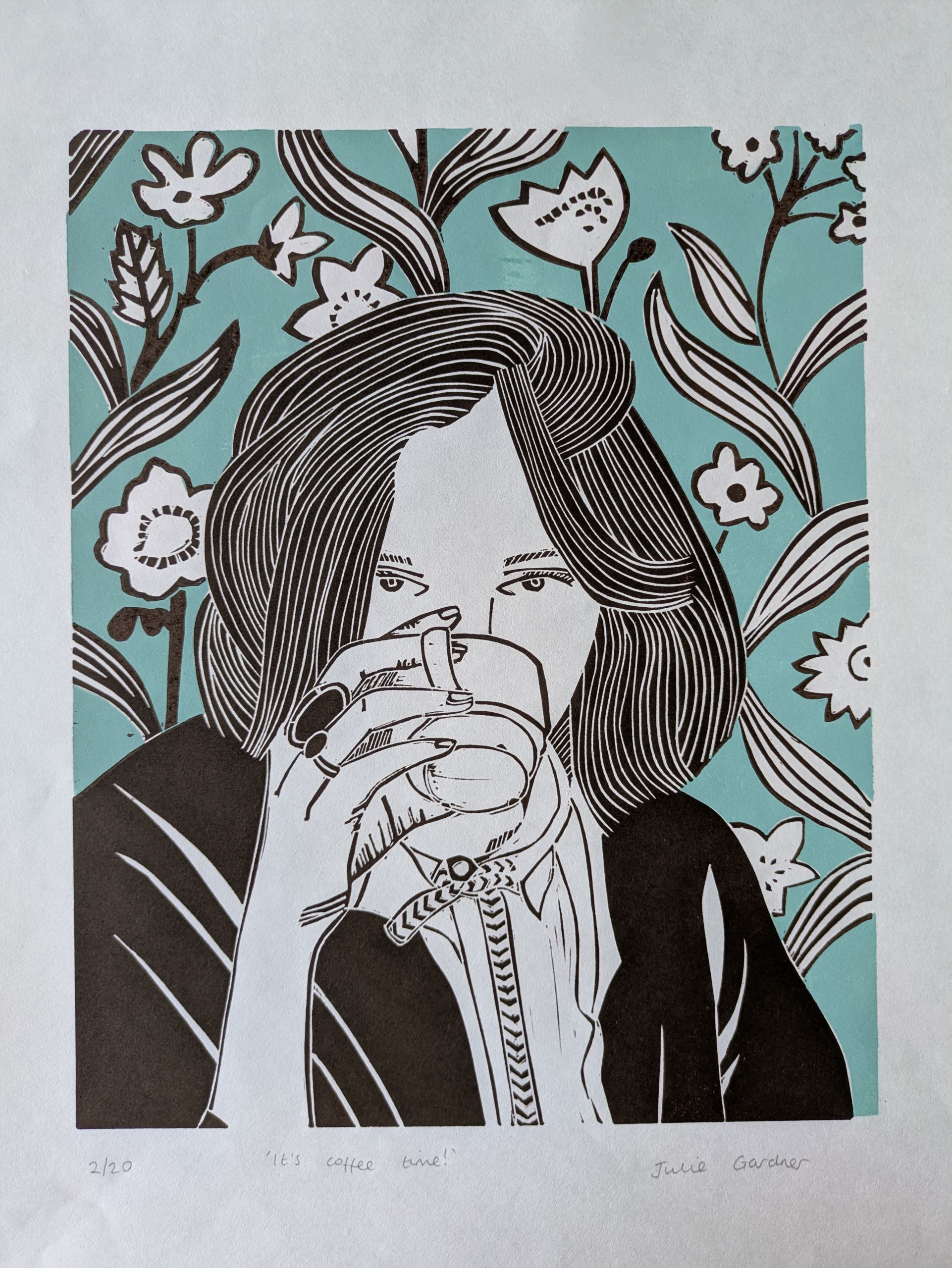 JG-It's coffee time lino print Julie Gardner Art Main Image